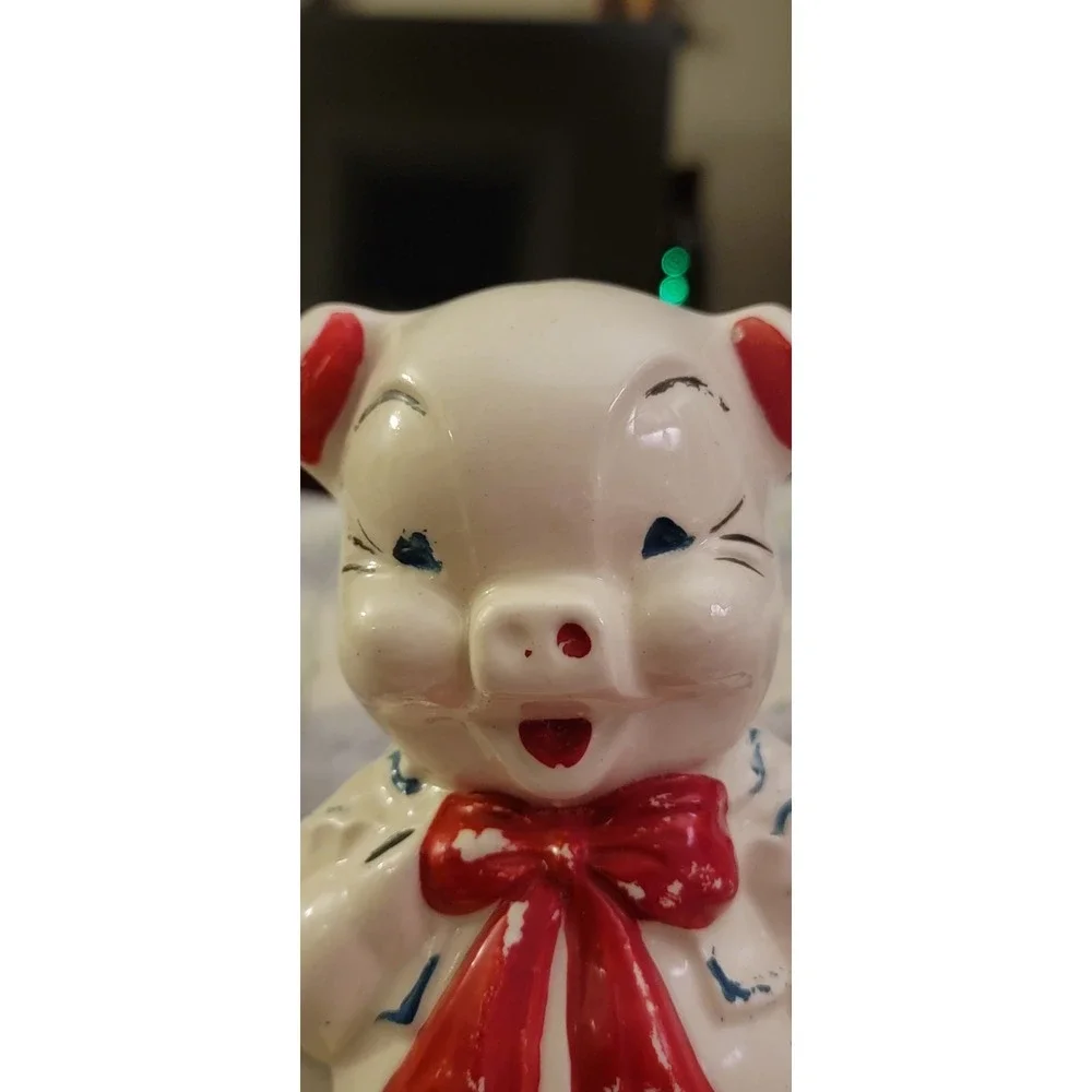 Vintage Lefton Bisque Pottery Ceramic PORCELAIN Pig Piggy Bank RED Bow tie